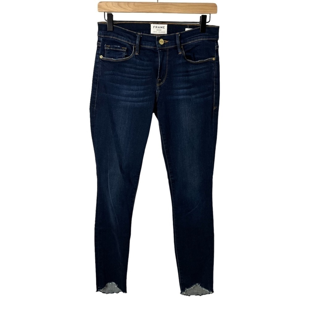 Frame Denim Le Skinny De Jeanne Jeans Dark Wash Size 27 Low Rise Chewed Hem
